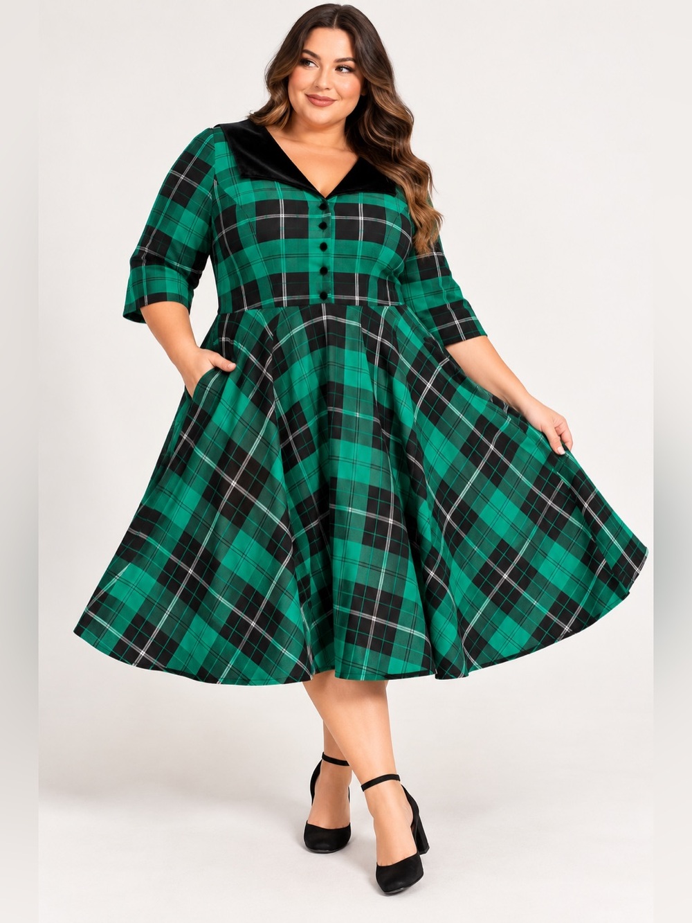 Hell Bunny Soda Shop Bop Green Tartan Plaid Swing Dress 4XL Retro Goth Pinup